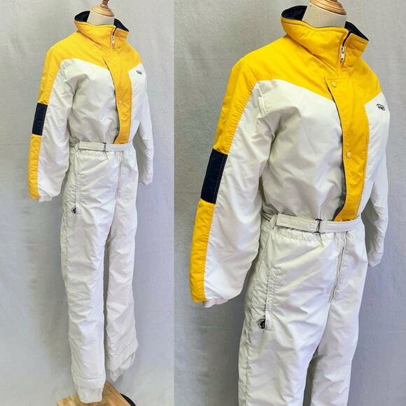 Roffe vintage white/yellow one piece belted snowmobile snow bib snowsuit size XL - Picture 8 of 16